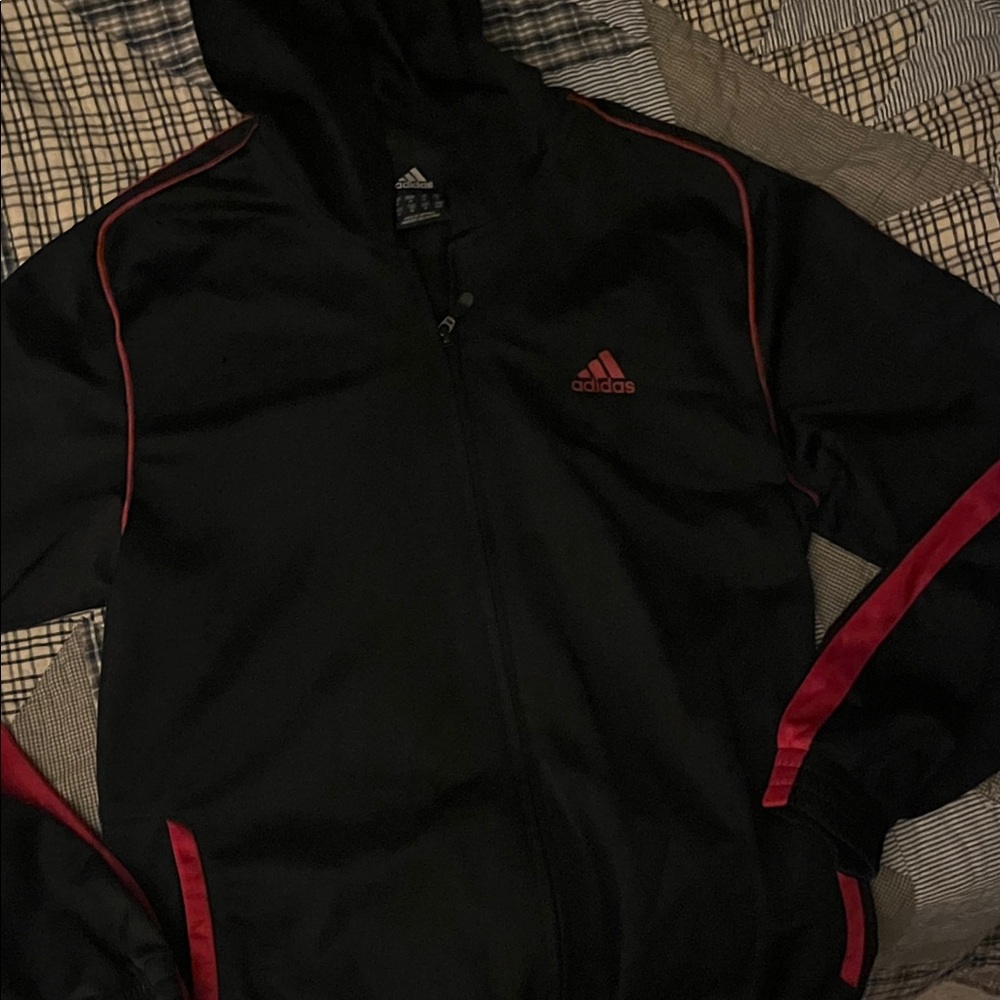 Adidas Men's Black Jacket with Red Accents
